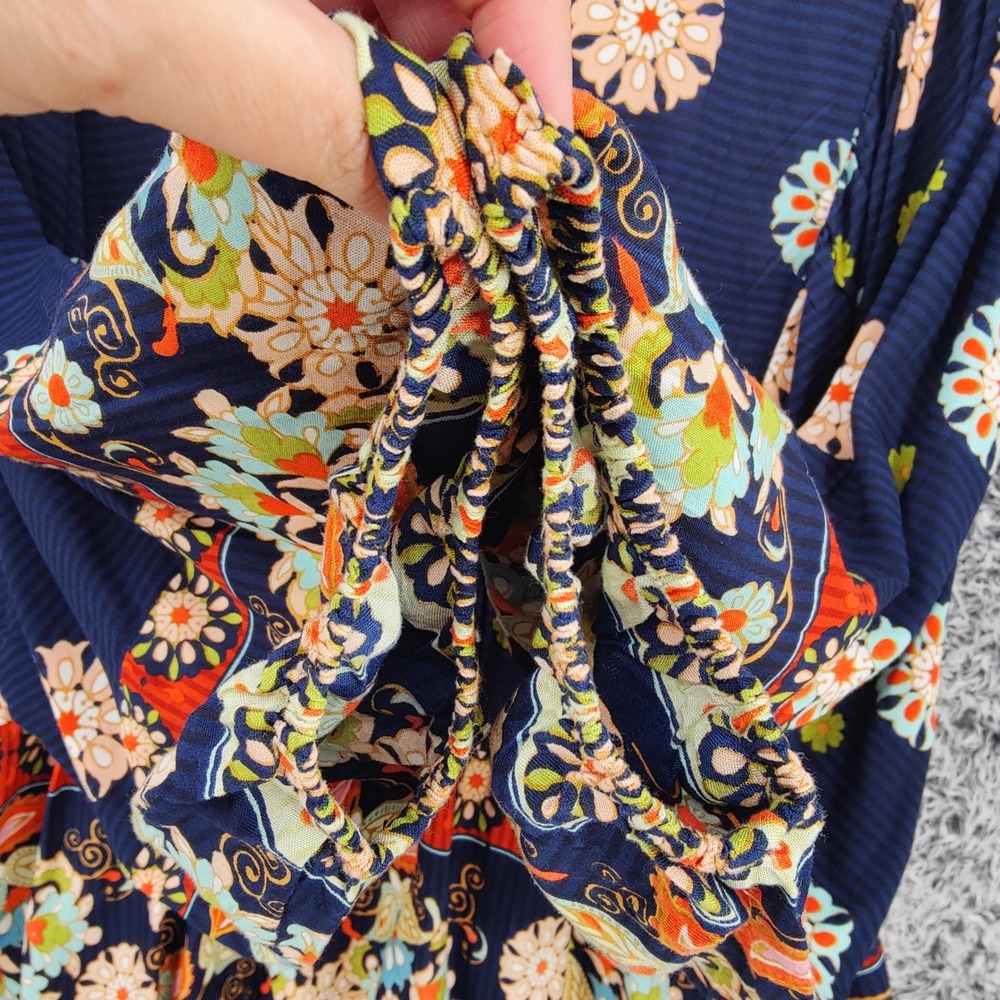 Orientique Womens Boho Floral Pintuck Peasant Blouse Large Navy Blue Wide Sleeve - Picture 16 of 16